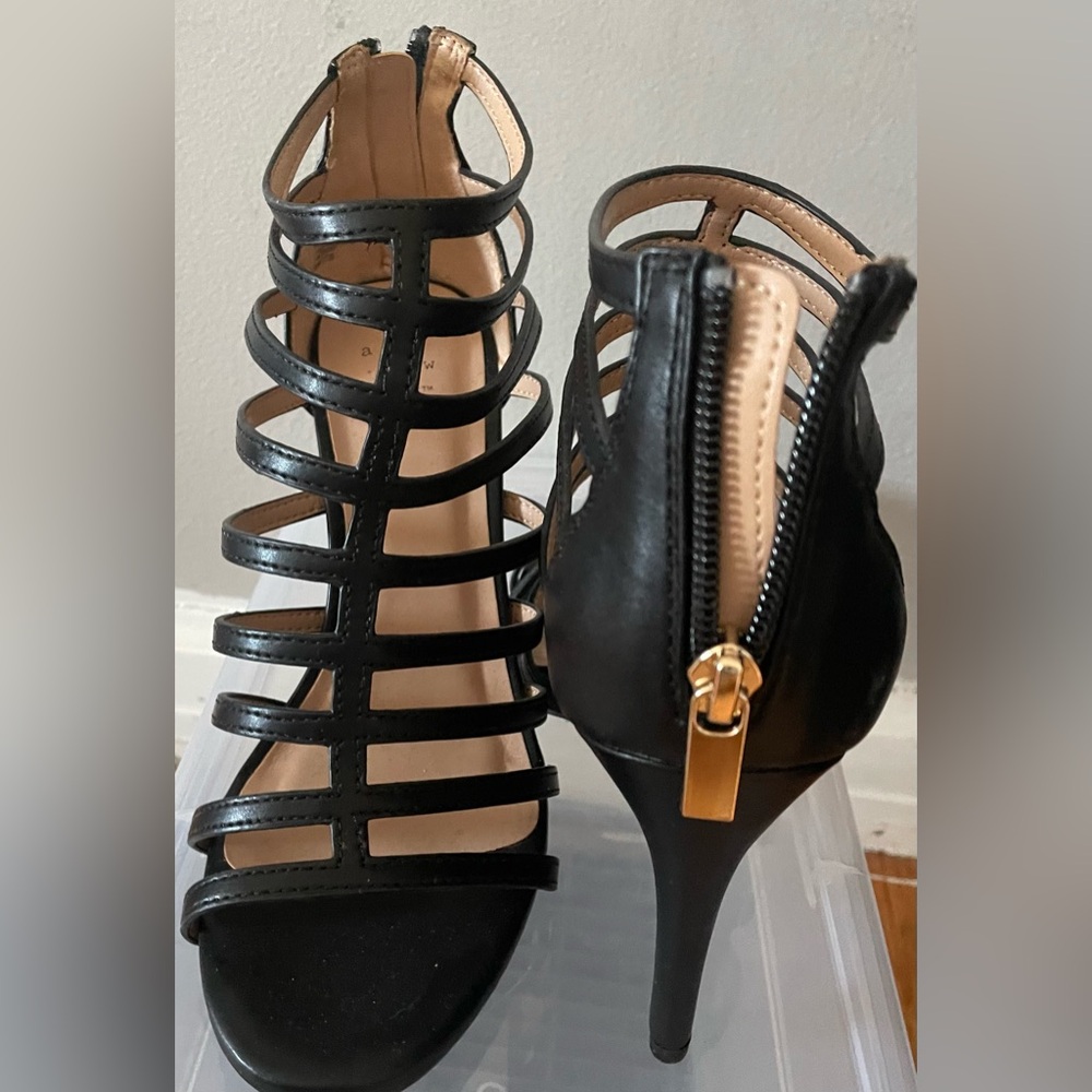 A New Day Black Strappy Heels with Gold Accent Zipper